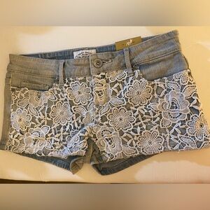 Aeropostale Blue and White Jean Shorts with Lace Overlay